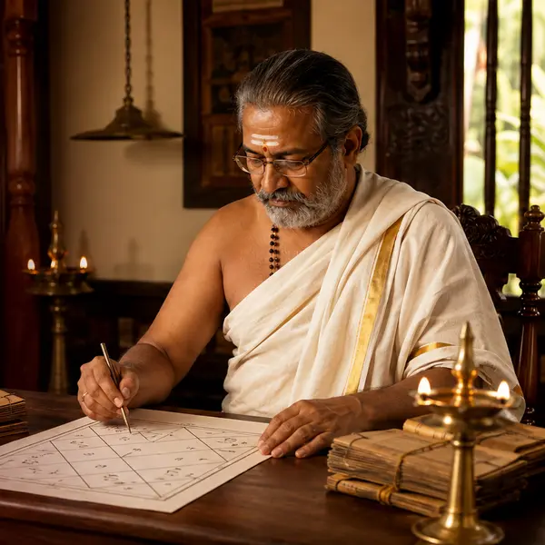 പരമ്പരാഗത കേരളീയ ജ്യോതിഷി ജാതകം പരിശോധിക്കുന്നു