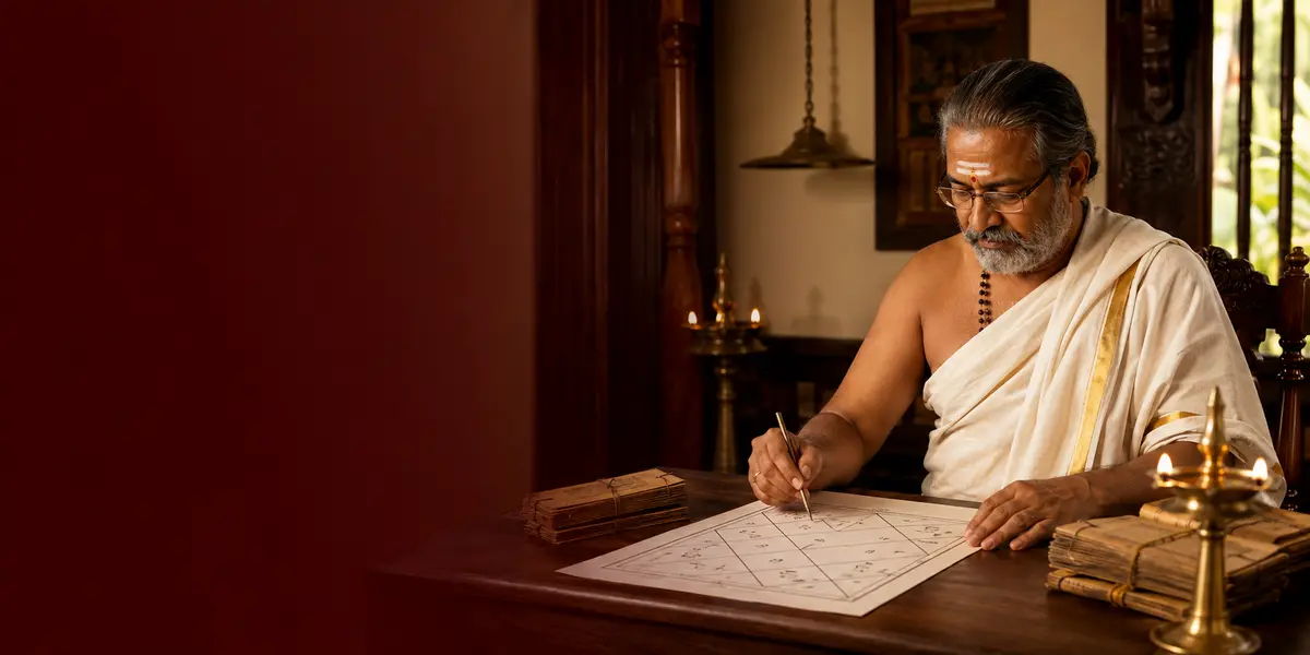 പരമ്പരാഗത കേരളീയ ജ്യോതിഷി ജാതകം പരിശോധിക്കുന്നു