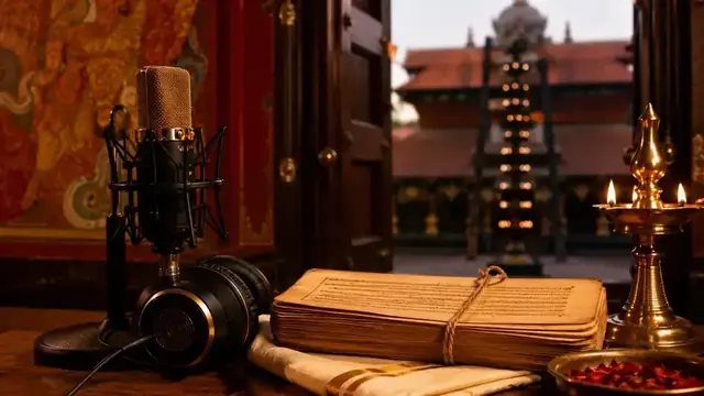 ഗുരുവായൂർ കഥാപോഡ്കാസ്റ്റിന്റെ മൈക്കും ക്ഷേത്രാന്തരീക്ഷവും